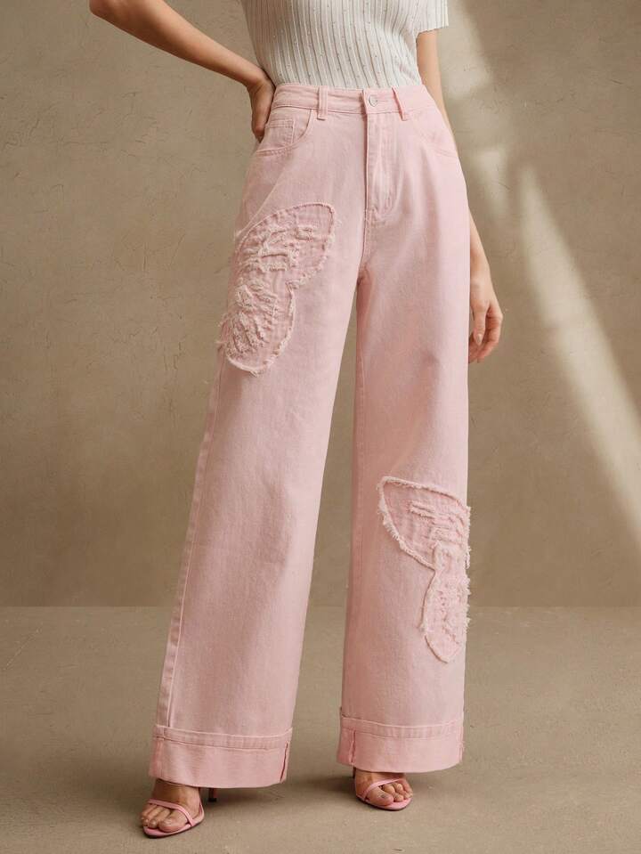 CM-BS264669 Women Casual Seoul Style Mid Waist Embroidered Straight Leg Jeans - Pink
