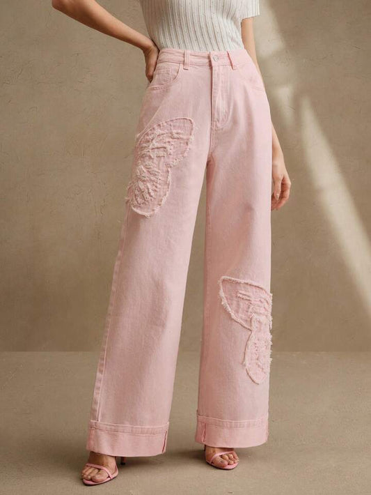CM-BS264669 Women Casual Seoul Style Mid Waist Embroidered Straight Leg Jeans - Pink