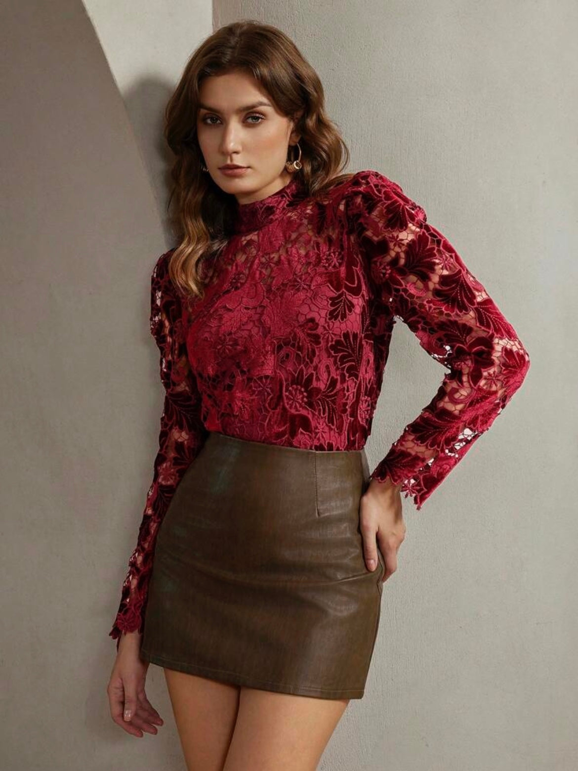 CM-TS848234 Women Elegant Seoul Style Stand Collar Long Sleeve Cut Out Floral Print Blouse