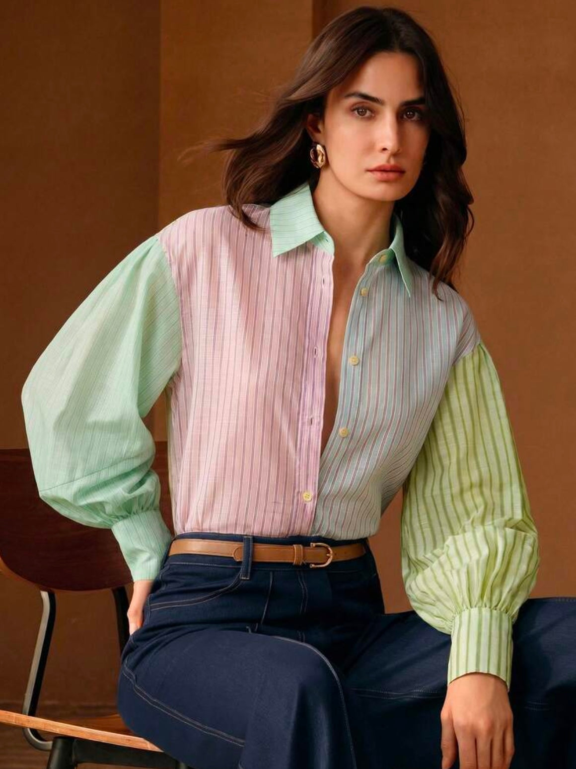 CM-TS613303 Women Elegant Seoul Style Asymmetrical Patchwork Polo Collar Lantern Sleeve Striped Shirt