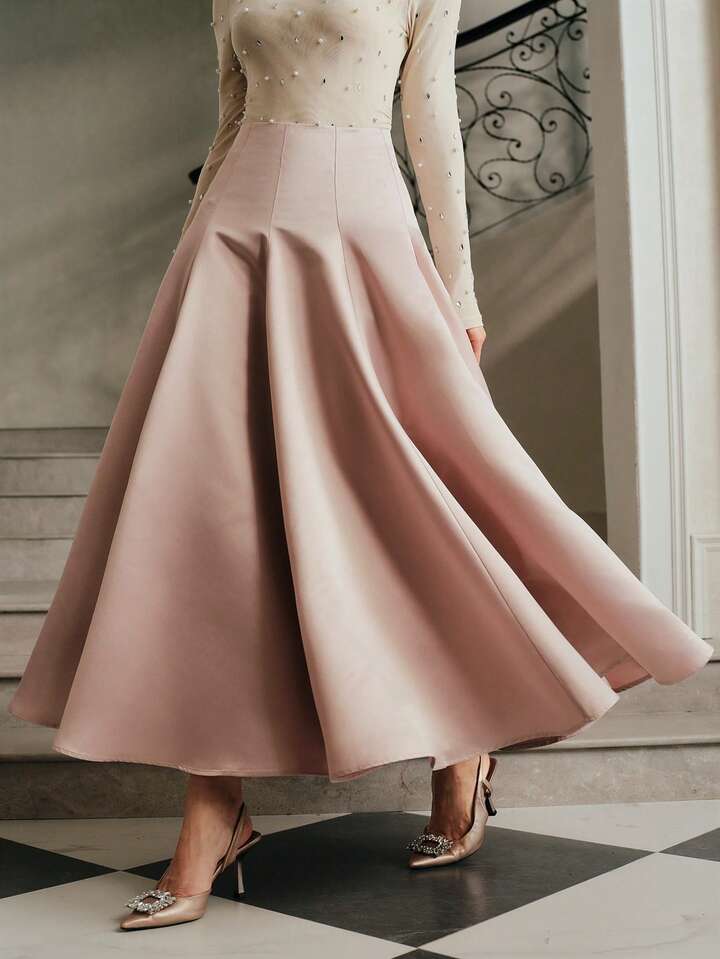 CM-BS335131 Women Elegant Seoul Style High Waist Flared Long Skirt - Dusty Pink