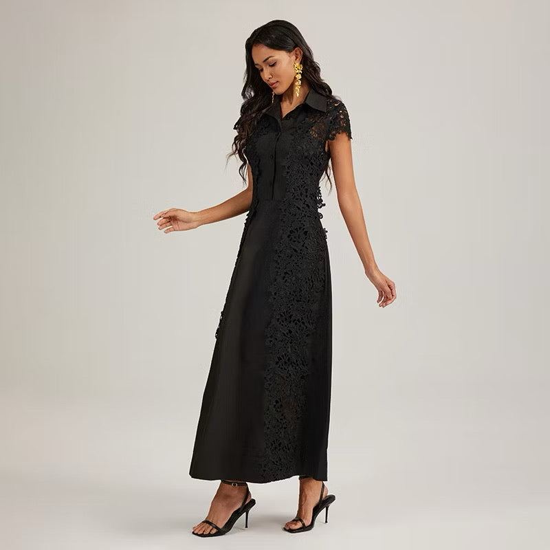 CM-DY044437 Women Elegant European Style Lace Collar Neckline Short Sleeve Splice Long Dress (Available in 2 colors)
