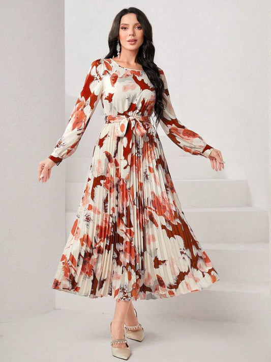 CM-DS548553 Women Casual Seoul Style Floral Print Round Neck Pleated Hem Dress