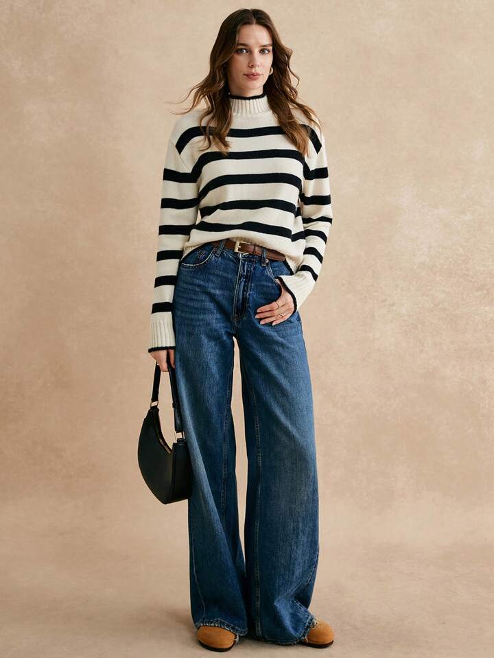 CM-CS287474 Women Casual Seoul Style Striped High-Necked Long Sleeve Rib-Knit Sweater