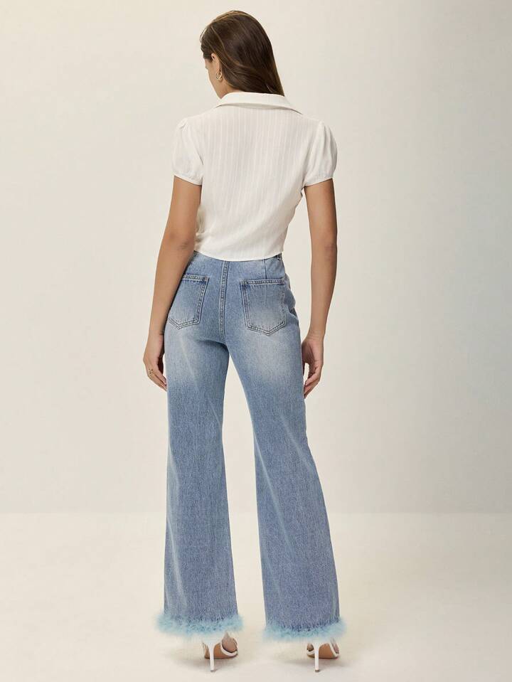 CM-BS588115 Women Casual Seoul Style Medium Wash Fluffy Patchwork Loose Flare Leg Jeans