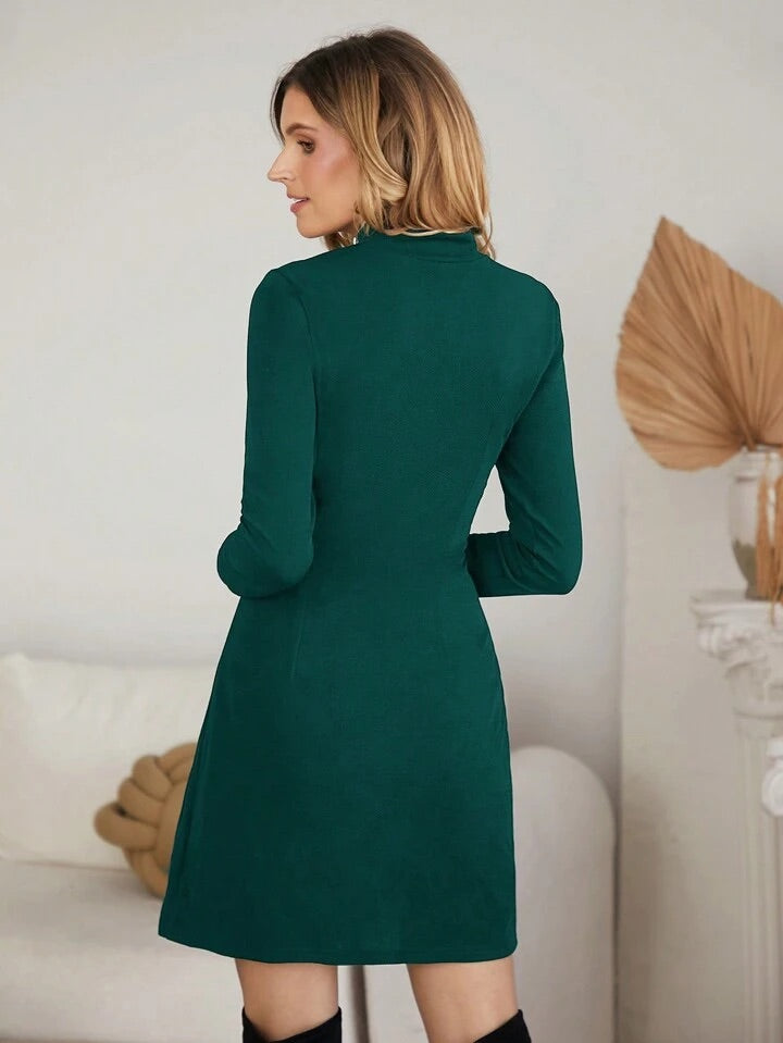CM-DS306430 Women Elegant Seoul Style Stand Collar Zip Front Flap Pocket Dress - Dark Green