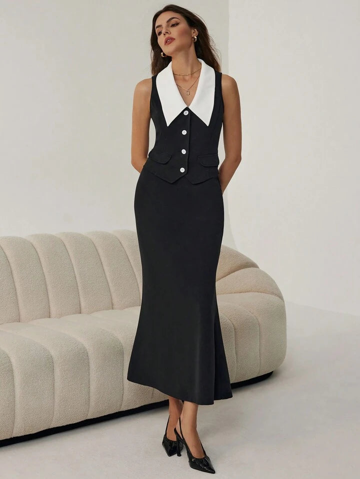 CM-SS254342 Women Elegant Seoul Style Color-Block Sleeveless Lapel Blouse With Long Skirt - Set