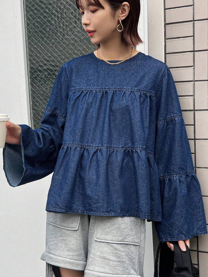 CM-TS499637 Women Casual Seoul Style Solid Color Ruffled Hem Crew Neck Denim Pleated Blouse - Blue