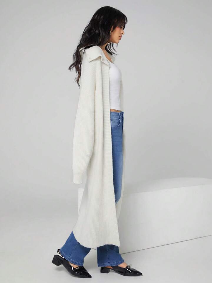 CM-CS067304 Women Casual Seoul Style Solid Color Drop Shoulder Long Sleeve Cardigan - Apricot