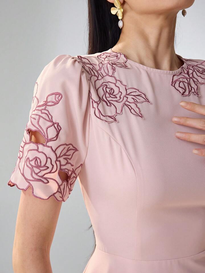 CM-DS691637 Women Elegant Seoul Style Floral Embroidery Round Neck Short Puff Sleeve Mid-Length Dress - Pink