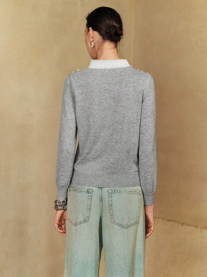 CM-CS224992 Women Elegant Seoul Style Contrast Lace Asymmetrical Gradient Bubble Beads Decor Sweater