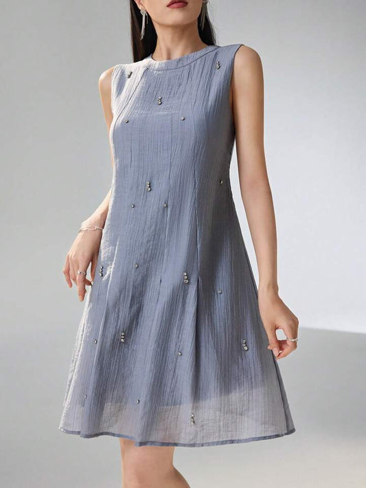CM-DS504331 Women Elegant Seoul Style Solid Color Round Neck Rhinestone Decor Sleeveless Short Dress