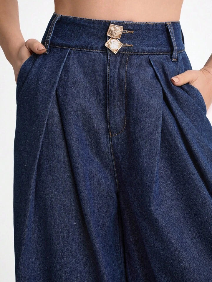 CM-BS622223 Women Casual Seoul Style Dark Wash High Waisted Baggy Wide Leg Jeans