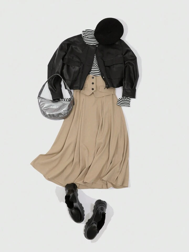 CM-BS000500 Women Trendy Bohemian Style High Waist Button Detail Skirt - Khaki