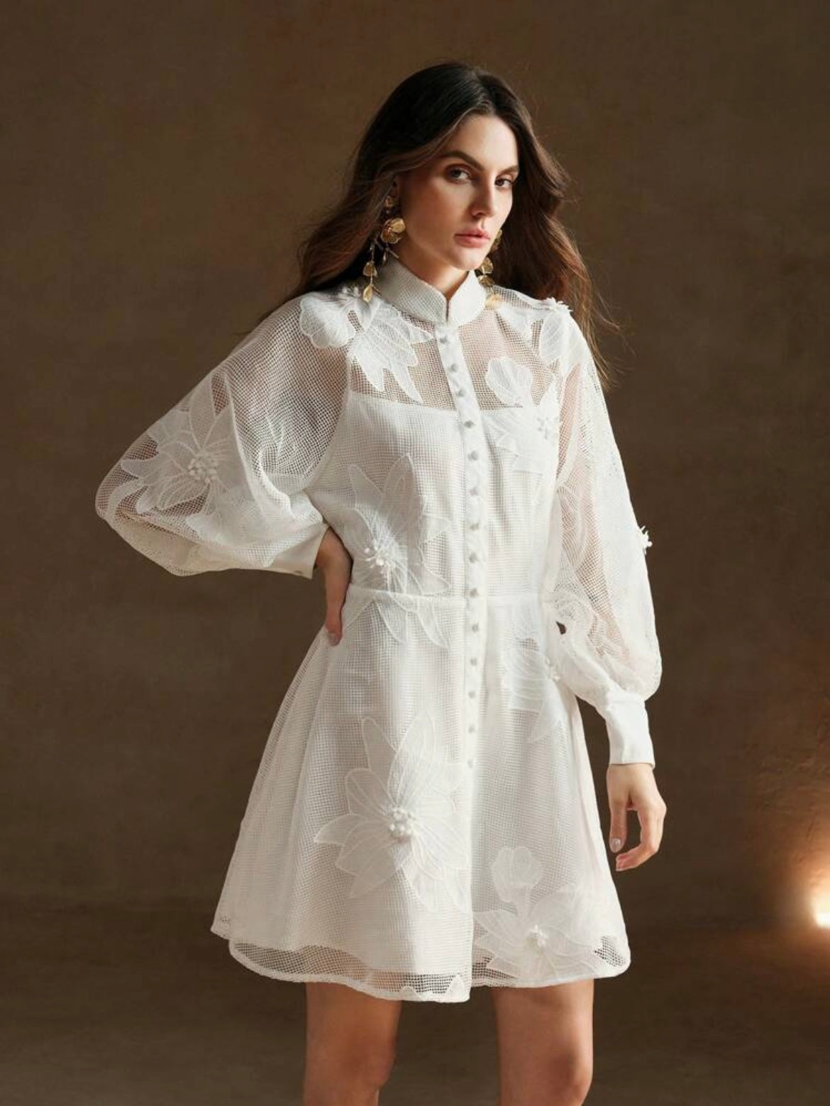 CM-DS866565 Women Elegant Seoul Style Collar Neckline Lace Cinched Waist Lantern Sleeve Dress - White