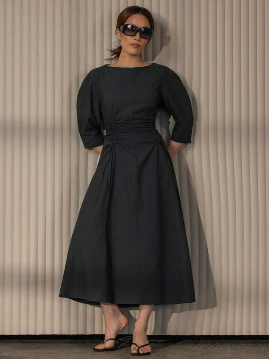 CM-DS168360 Women Elegant Seoul Style Crew Neck 3/4 Puff Sleeve Cinch-Waist A-Line Midi Dress