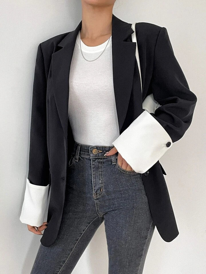CM-CS876978 Women Casual Seoul Style Lapel Neckline Button Front Long Sleeve Blazer - Black