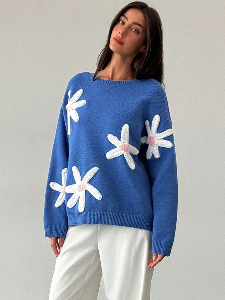CM-CS548363 Women Casual Seoul Style 3D Floral Decoration Loose Fit Long Sleeve Sweater - Blue