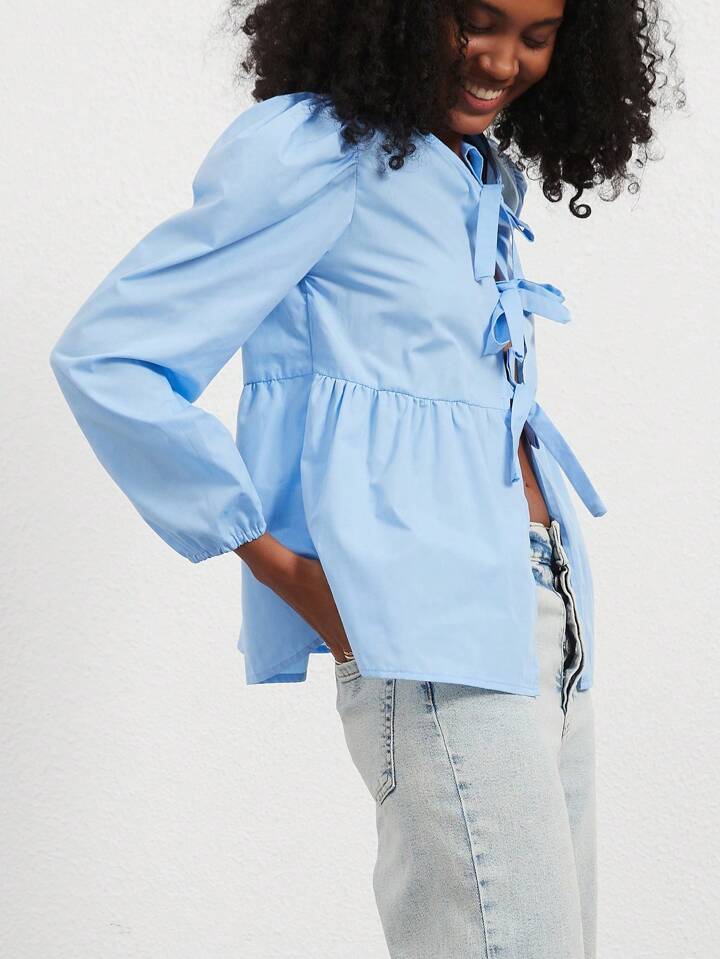 CM-TS373314 Women Casual Seoul Style Print Ruffle Hem Tie Long Sleeve Shirt - Blue