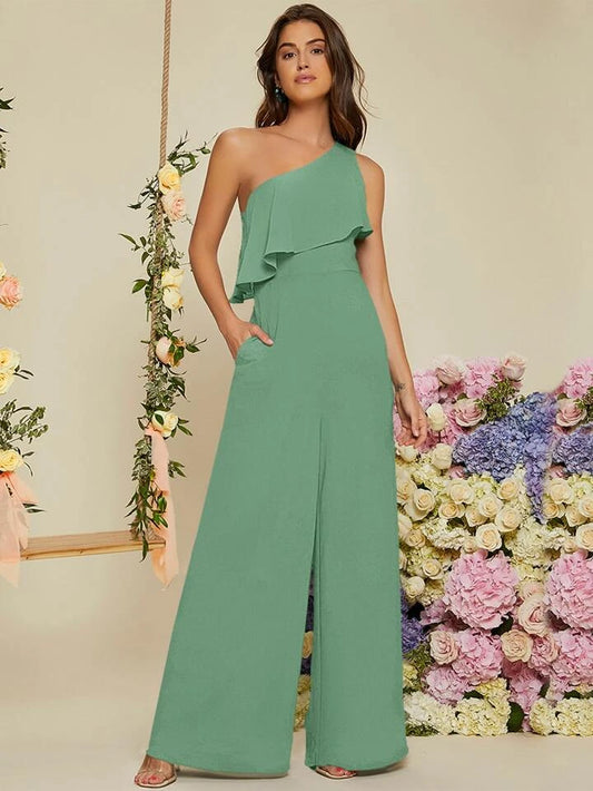 CM-JS161822 Women Elegant Seoul Style One Shoulder Ruffle Trim Wide Leg Jumpsuit - Mint Green