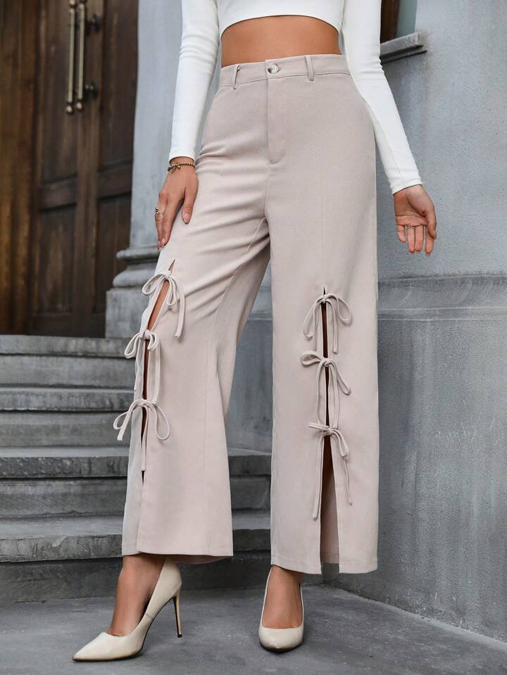 CM-BS405175 Women Casual Seoul Style Bowknot Decoration High Slit Wide Leg Pants - Apricot