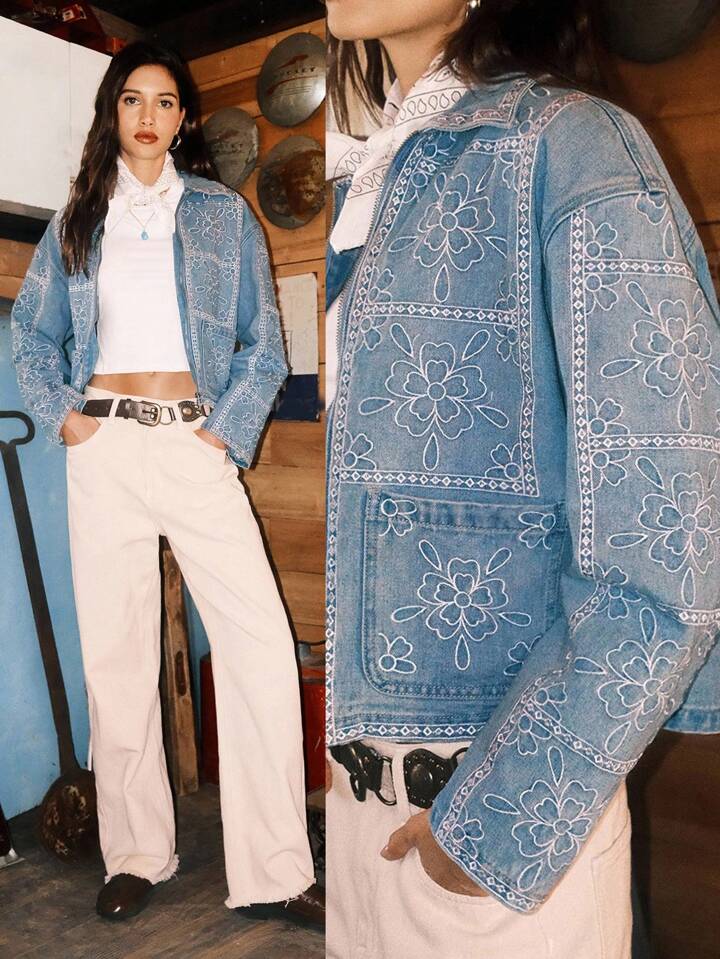 CM-CS082050 Women Casual Seoul Style Collar Neckline Long Sleeve Floral Embroidery Denim Jacket - Blue