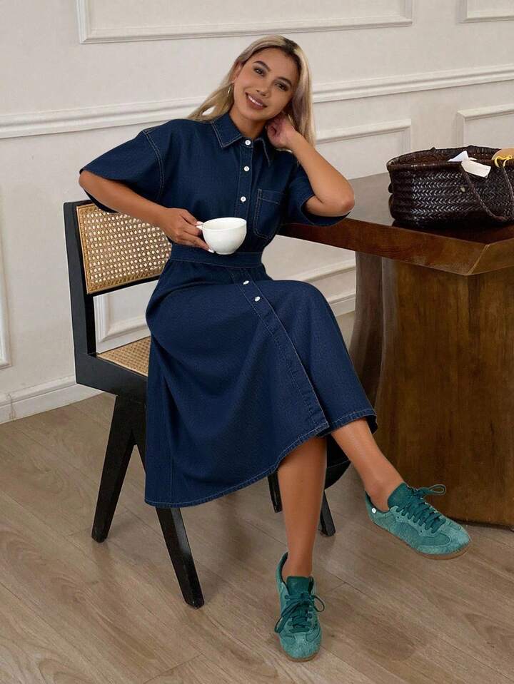 CM-DS384292 Women Casual Seoul Style Dark Wash Collar Neckline Short Sleeve Front Button Oversized Denim Dress