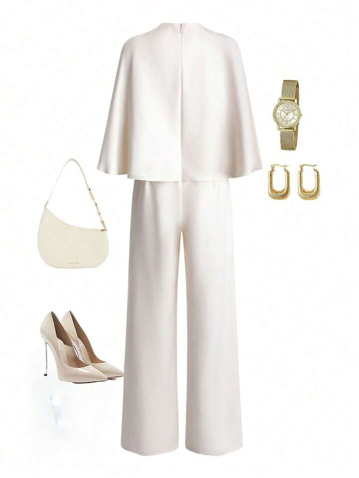 CM-JS239604 Women Elegant Seoul Style V-Neck Sleeveless Metal Buckle Belt Waist Cinching Long Jumpsuit - Apricot