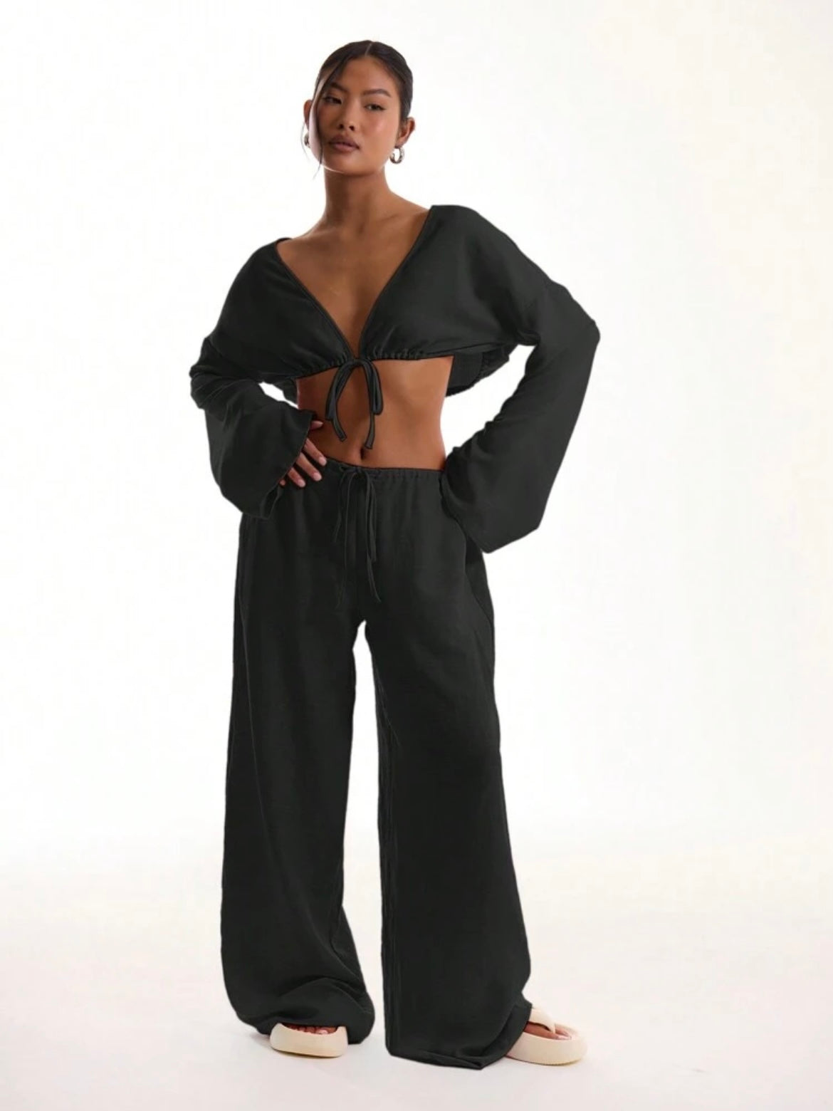 CM-BS676282 Women Trendy Bohemian Style Tie Front Linen Feel Beach Trouser - Black