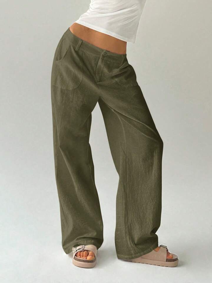 CM-BS270751 Women Casual Seoul Style Solid Color Low Waist Loose Straight Leg Pants - Army Green