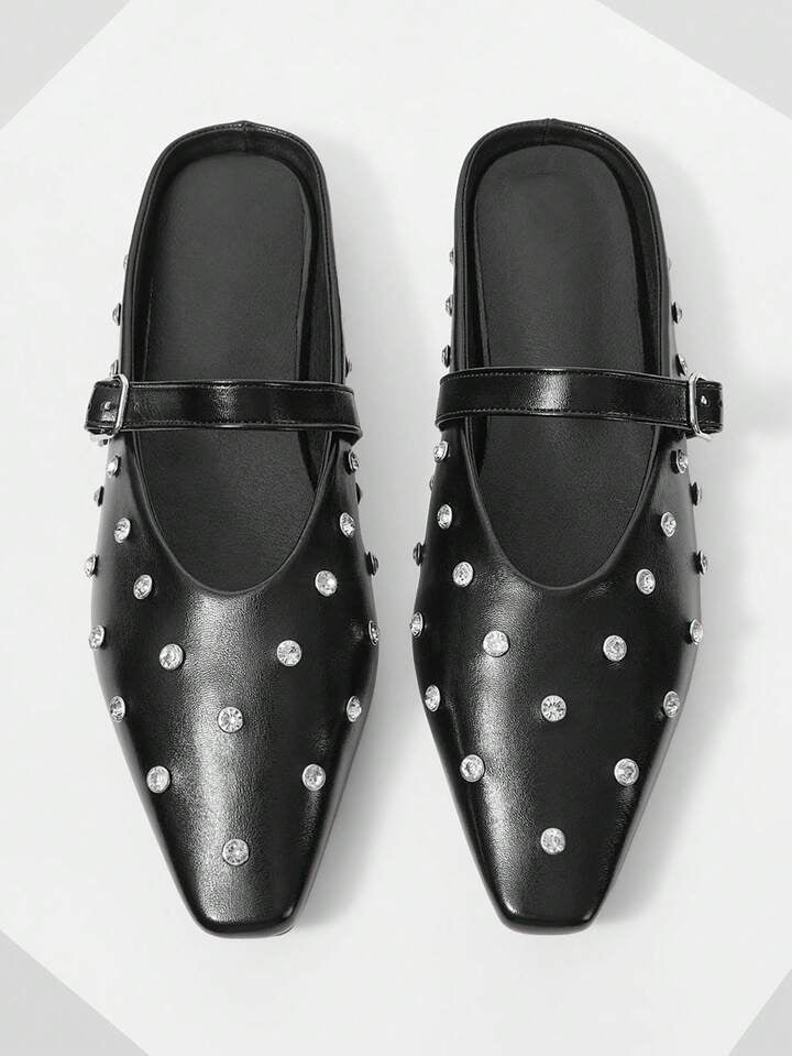 CM-SHS245724 Women Trendy Seoul Style Rhinestone Decor Buckle Flats - Black