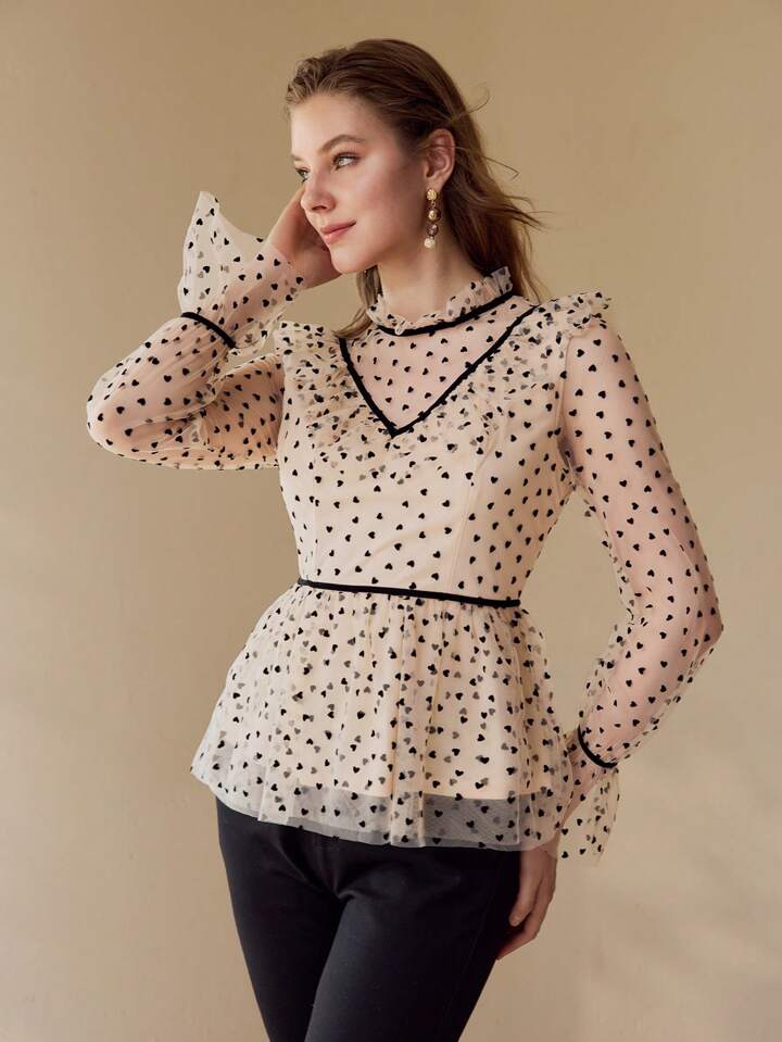 CM-TS622020 Women Elegant Seoul Style Stand Collar Flare Sleeve Contrast Mesh Ruffle Trim Blouse - Apricot