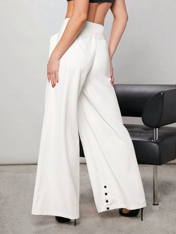 CM-BS606488 Women Elegant Seoul Style Button Hem Belted Wide Leg Pants - White