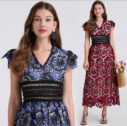 CM-DY042199 Women Elegant European Style Lace V-Neck Boat Sleeve Slim High Waist A-Line Dress (Available in 2 colors)