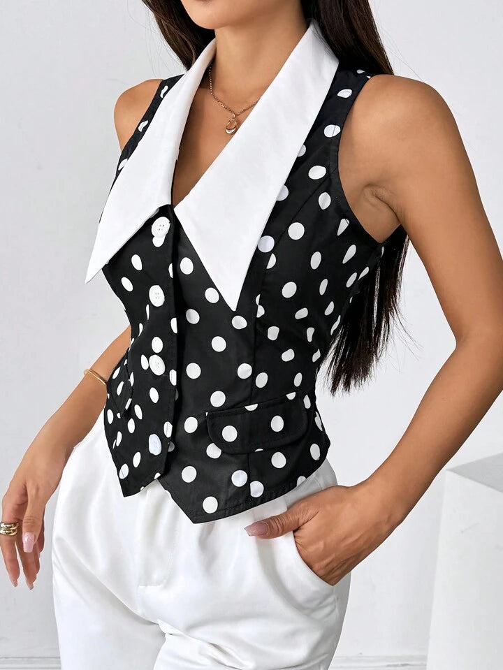 sz2405283825280022CM-TS280022 Women Casual Seoul Style Peter Pan Collar Sleeveless Polka Dot Satin Blouse