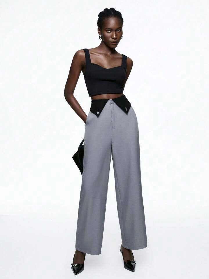 CM-BS093038 Women Elegant Seoul Style Fold-Over Asymmetrical Button High Waist Pants - Gray