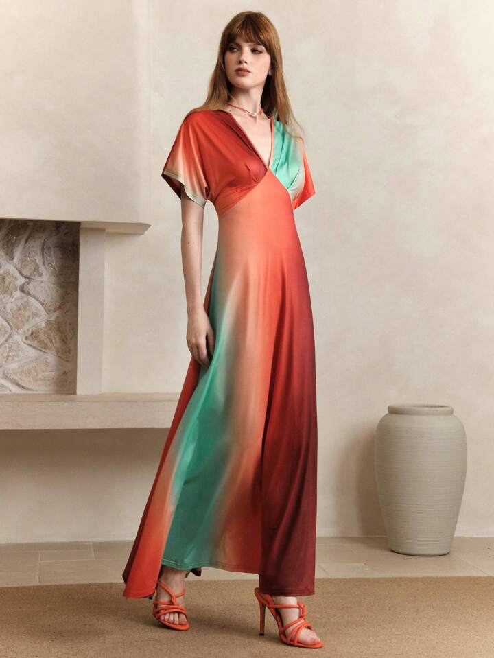 CM-DS922324 Women Casual Seoul Style Satin Tie-Dye Ombre Deep V Neck Long Sleeve Maxi Dress
