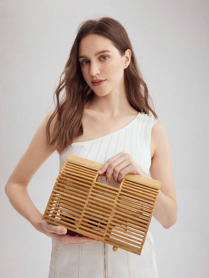 CM-BGS144900 Women Trendy Seoul Style Hollow Out Top Handle Square Handbag - Apricot