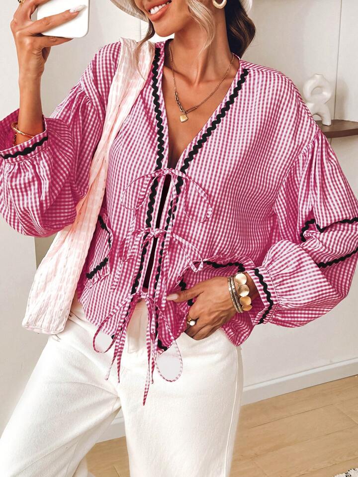 CM-TS337430 Women Trendy Bohemian Style Loose V-Neck Bishop Long Sleeve Blouse