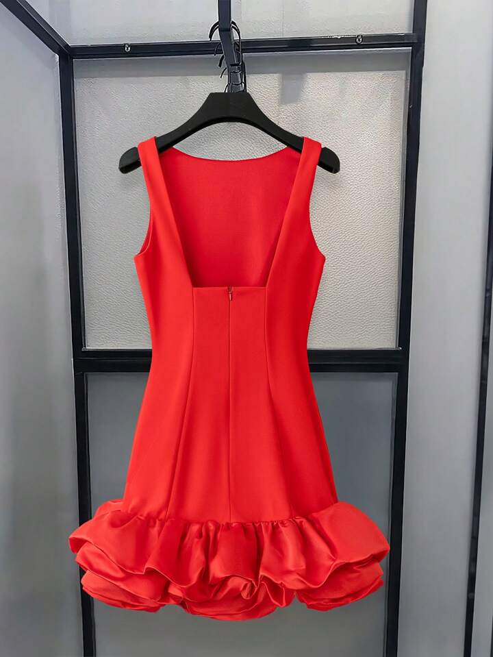 CM-DS336427 Women Elegant Seoul Style Round Neck Sleeveless Ruffle Hem Short A-Line Dress - Red
