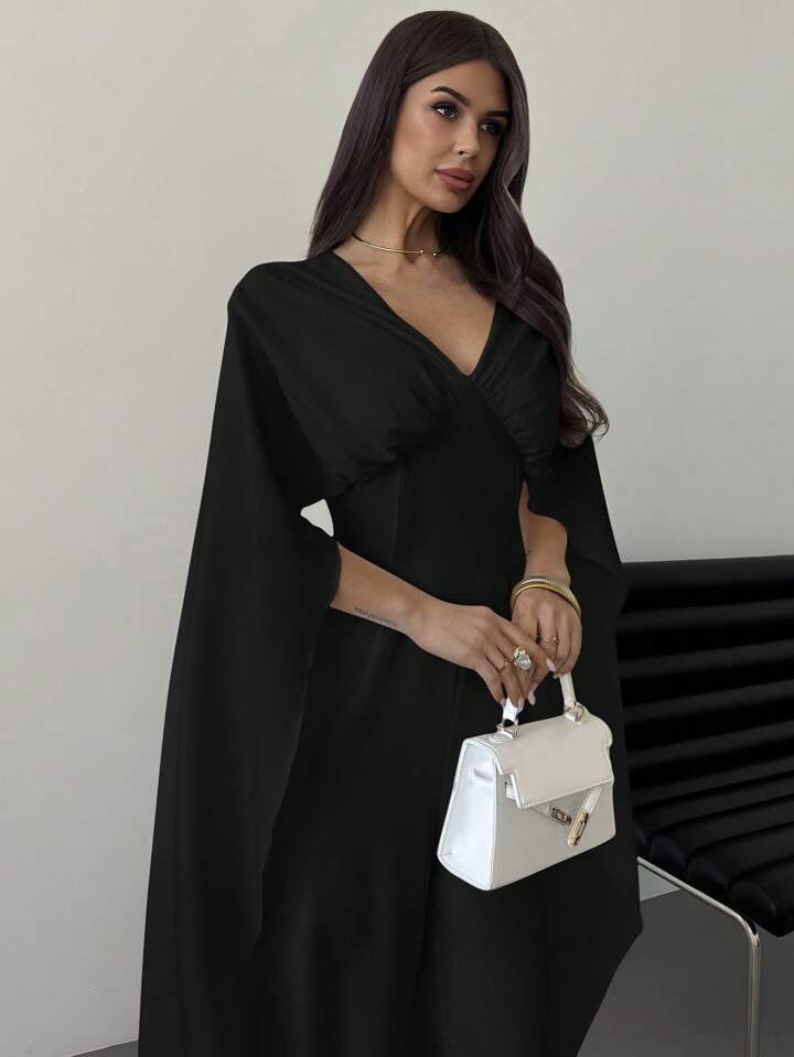 CM-JS483619 Women Elegant Seoul Style V-Neck Cape Extra Long Sleeves Waist Tie A-Line Wide Leg Jumpsuit - Black