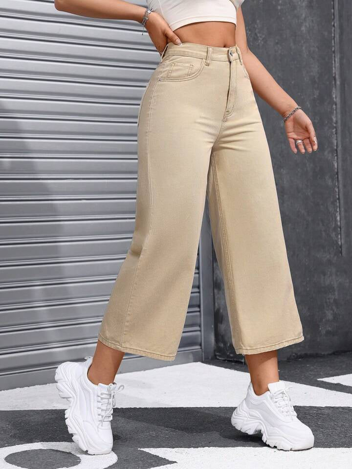 CM-BS517977 Women Casual Seoul Style High-Waisted Baggy Wide Leg Capri Denim - Khaki
