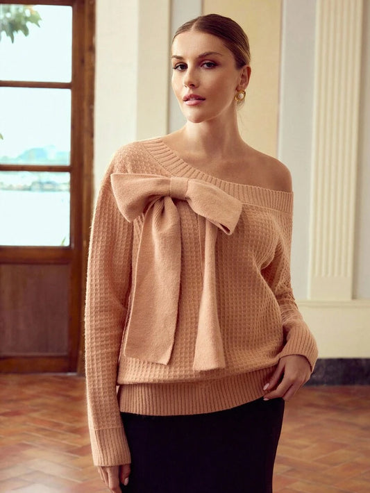 CM-CS656429 Women Elegant Seoul Style Solid Color Asymmetric Collar Long Sleeve Bow Decor Sweater - Coral Orange