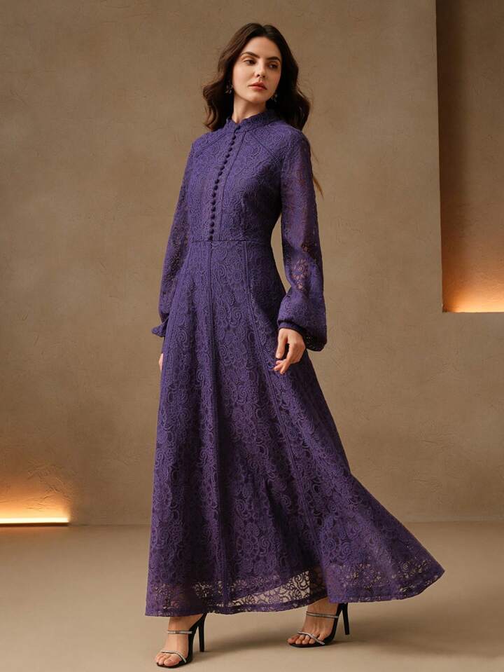 CM-DS393199 Women Elegant Seoul Style Lace Mandarin Collar Long Sleeve A-Line Dress - Purple