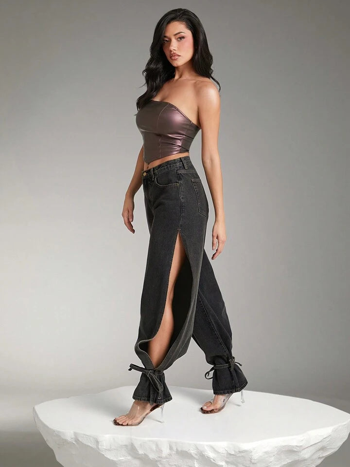 CM-BS422202 Women Casual Seoul Style Side Slit Tie High Waist Wide Leg Denim Jeans
