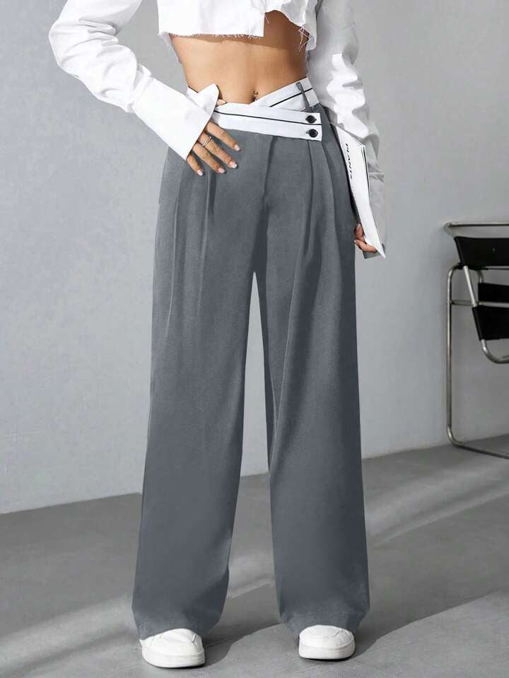CM-BS040101 Women Casual Seoul Style Asymmetrical High Waist Straight Leg Pants - Gray