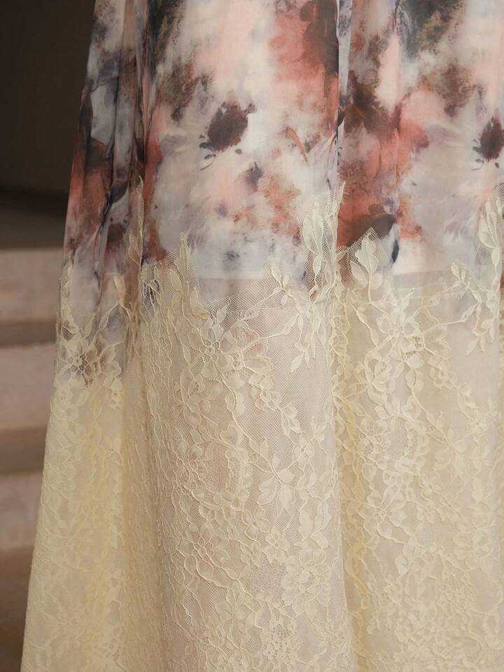 CM-BS999157 Women Elegant Seoul Style Mid Waist Contrast Lace Printed Flared Chiffon Maxi Skirt