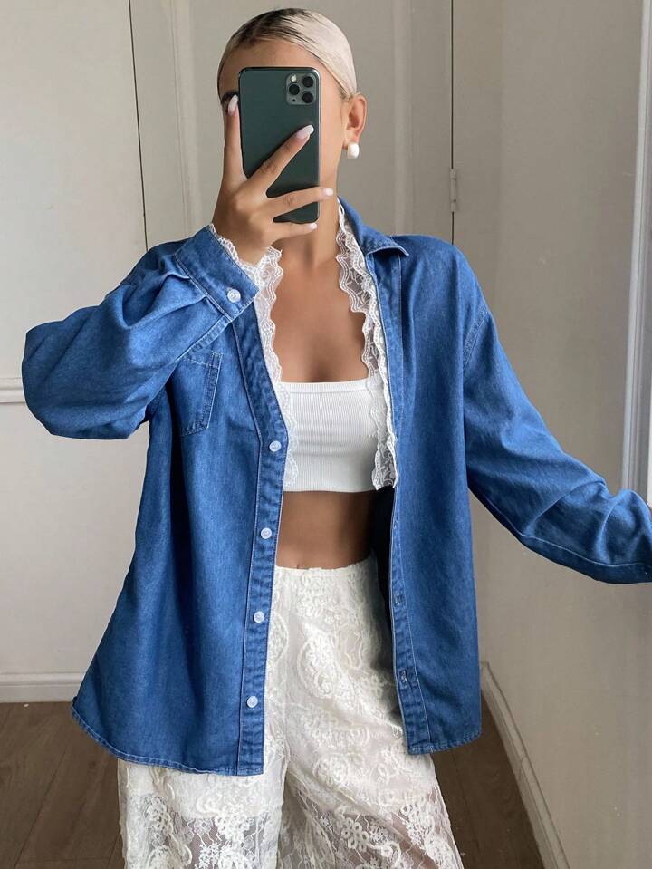 CM-TS166673 Women Casual Seoul Style Lace Trim Collar And Cuffs Drop Shoulder Long Sleeve Denim Top - Blue