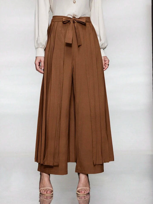 CM-BS787347 Women Casual Seoul Style Belted Pleated Wide Leg Pants - Brown