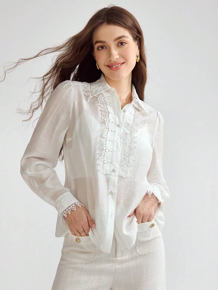 CM-TS697741 Women Elegant Seoul Style Collar Neckline Guipure Lace Trim Button Front Shirt - White